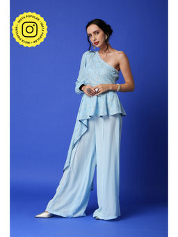 MONK & MEI - Zeenat Chikankari Top & Palazzo Set - Ice Blue