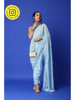 MONK & MEI - Karishma Chikankari Dhoti Saree & Blouse - Ice Blue