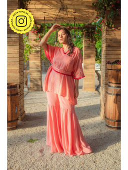 MONK & MEI - Suraiya Chikankari Kaftan with Sharara and Belt Peach Melon (Set of 3)