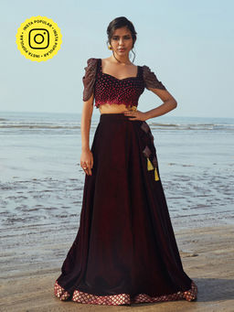 MONK & MEI - Victoria Blouse, Lehenga And Dupatta- Wine