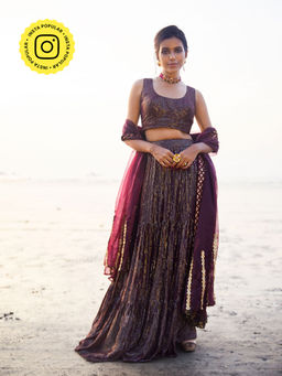 MONK & MEI - Melania Lehenga, Blouse And Dupatta- Wine