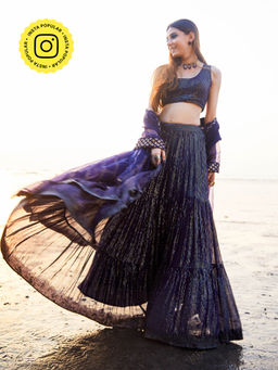 MONK & MEI - Melania Lehenga With Blouse And Dupatta Blue (Set of 3)