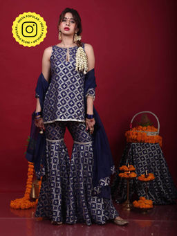 MONK & MEI - Vani-Kurta, Sharara & Dupatta-Deep Blue (Set of 3)