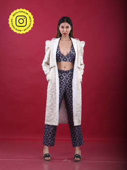 MONK & MEI - Swara-Trench Coat Suit-White & Deep Blue (Set of 3)