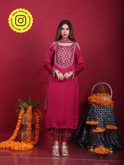 MONK & MEI - Isha-Cold-shoulder Kurta-Plum Magenta (Set of 3)