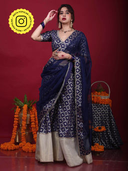 MONK & MEI - Sevati-Brocade Sharara Blouse Dupatta-Deep Blue (Set of 3)