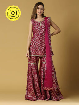 MONK & MEI - Vani-Kurta, Sharara & Dupatta-Plum Magenta (Set of 3)