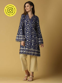 MONK & MEI - Kavya-Pakistani Kurta With Gold Pant-Deep Blue (Set of 2)
