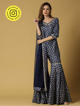 MONK & MEI - Kaynat-Brocade Kurta Sharara- Deep Blue (Set of 3)