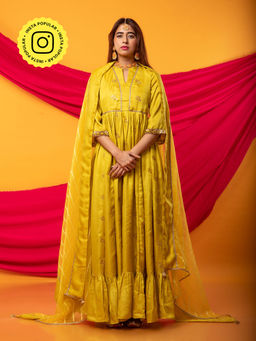 MONK & MEI - Zunera Long Anarkali Kurta With Dupatta Canary Yellow (Set of 2)