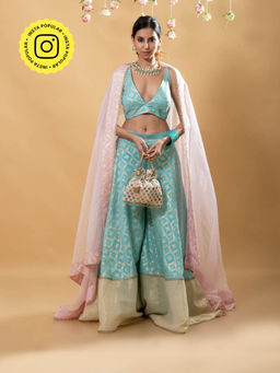 MONK & MEI - Nitya Brocade Sharara with Blouse & Dupatta-Powder Blue (Set of 3)