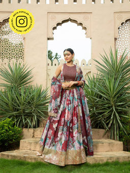 MONK & MEI - Maroon Faiza Lehenga with Blouse and Dupatta (Set of 3)