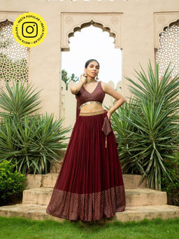 MONK & MEI - Maroon Nadia Lehenga with Blouse and Dupatta (Set of 3)