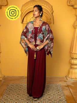 MONK & MEI - Maroon Aaina Jumpsuit with Cape (Set of 2)