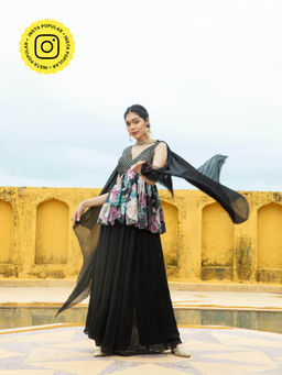 MONK & MEI - Black Nazneen Peplum Top with Palazzo and Dupatta (Set of 3)