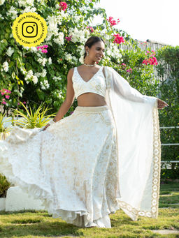 MONK & MEI - Ivory Chandini Lehenga with Blouse and Dupatta (Set of 3)