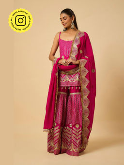 MONK & MEI - Aishwarya Women Pink Shantoon Embroidered Kurta With Sharara And Dupatta
