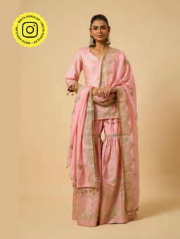 MONK & MEI - Rani Women Pink Shantoon Embroidered Kurta With Sharara And Dupatta