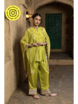 MONK & MEI - Lasya Women Green Silk Embroidered Cape And Slip With Pant