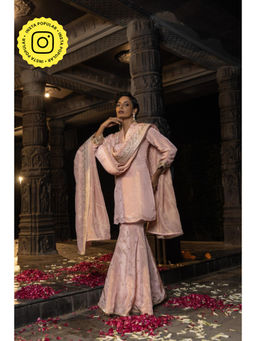 MONK & MEI - Kashi Women Pink Banarasi Silk Embroidered Kurta With Sharara And Dupatta