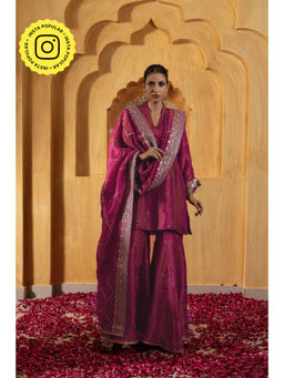 MONK & MEI - Kashi Women Pink Banarasi Silk Embroidered Kurta With Sharara And Dupatta