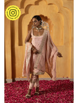 MONK & MEI - Kaaya Women Pink Silk Embroidered Kurta With Pant And Dupatta