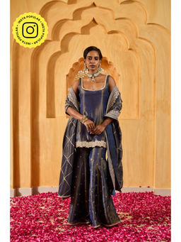MONK & MEI - Mihira Women Blue Silk Embroidered Kurta With Sharara And Dupatta