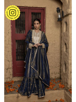 MONK & MEI - Tulsi Women Blue Banarasi Silk Embroidered Kurta With Sharara And Dupatta