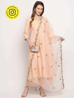 MONK & MEI - Zareen Women Peach Velvet Solid Kurta With Palazzo And Dupatta