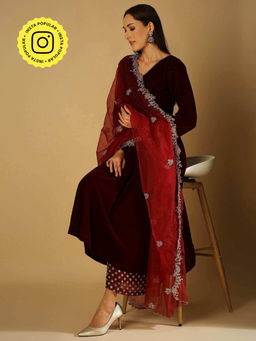 MONK & MEI - Zareen Women Maroon Velvet Solid Kurta With Palazzo And Dupatta
