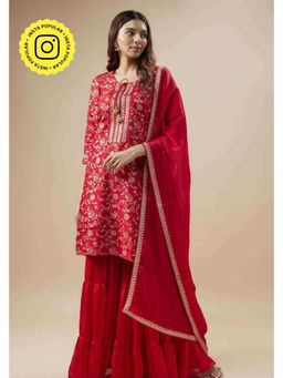 MONK & MEI - Maysa Women Red Silk Floral Kurta With Sharara And Dupatta
