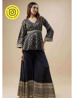 MONK & MEI - Hafsa Women Black Brocade Woven Top With Sharara