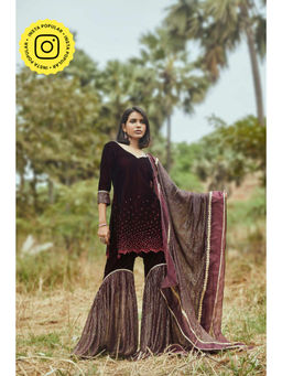 MONK & MEI - Ursula Women Wine Velvet Embellished Kurta With Sharara And Dupatta