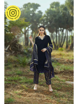 MONK & MEI - Sophia Women Blue Velvet Embellished Kurta With Pant And Dupatta