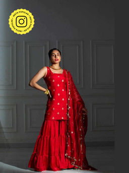 MONK & MEI - Merneith Women Red Kurta With Sharara And Dupatta