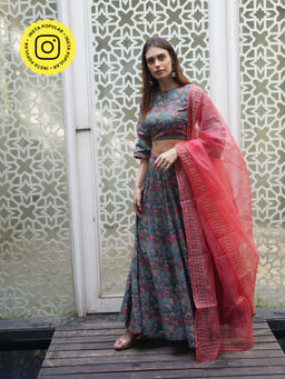 MONK & MEI - Aasma Women Blue Printed Lehenga with Stitched Blouse and Dupatta