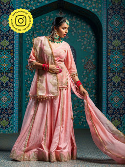MONK & MEI - Gulbadan Women Pink Embroidered Kurta with Stitched Blouse and Dupatta