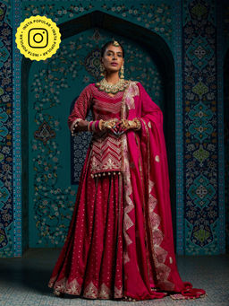 MONK & MEI - Gulbadan Women Pink Embroidered Kurta with Stitched Blouse and Dupatta