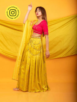 MONK & MEI - Gulkari Women Pink Embellished Lehenga with Stitched Blouse and Dupatta