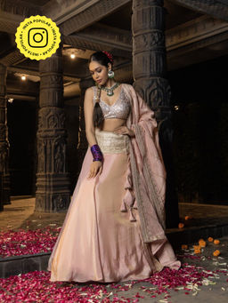 MONK & MEI - Janaki Women Pink Embroidered Lehenga with Stitched Blouse and Dupatta