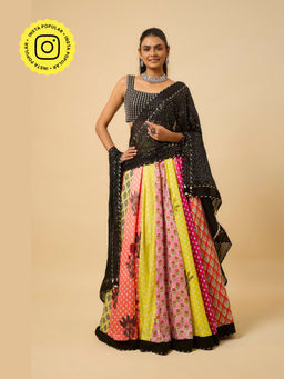 MONK & MEI - Kamini Women Black Embroidered Lehenga with Stitched Blouse and Dupatta
