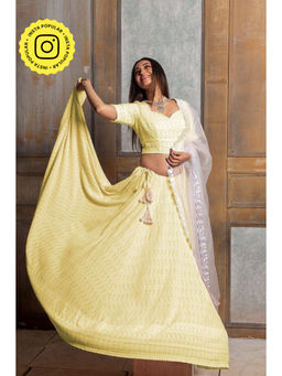 MONK & MEI - Mallika Women Yellow Embroidered Lehenga with Stitched Blouse and Dupatta