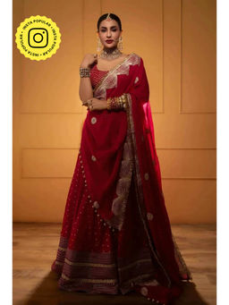 MONK & MEI - Nafisa Women Pink Embroidered Lehenga with Stitched Blouse and Dupatta