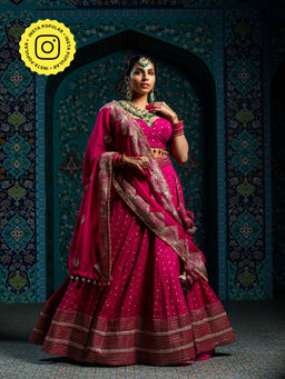 MONK & MEI - Rizina Women Pink Embroidered Lehenga with Stitched Blouse and Dupatta