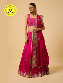 MONK & MEI - Sona Women Pink Embroidered Lehenga with Stitched Blouse and Dupatta