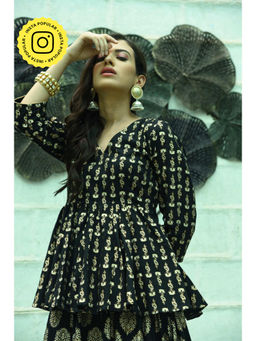 MONK & MEI - Black Amrit- Mulmul Peplum Top
