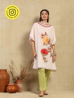House of Chikankari - Cream Aari Embroidered Cotton Crushed Solid Women's Kaftan