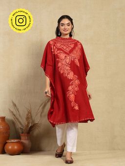 House of Chikankari - Red Aari Embroidered Cotton Crushed Solid Women's Kaftan