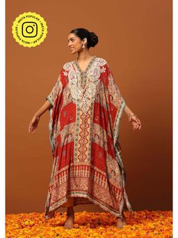 House of Chikankari - Crepe Chikankari Printed Womens Kaftan -Maroon