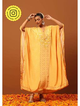 House of Chikankari - Crepe Chikankari Printed Womens Kaftan -Yellow